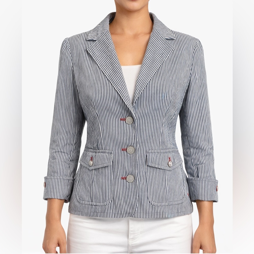 Nautical Striped Blazer Navy White Cotton Jacket Preppy Size 4 Bigio